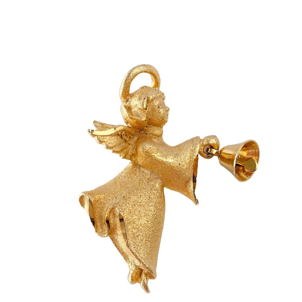 Vintage Gold Tone Cherub Angel Ringing Bell Brooch Pin